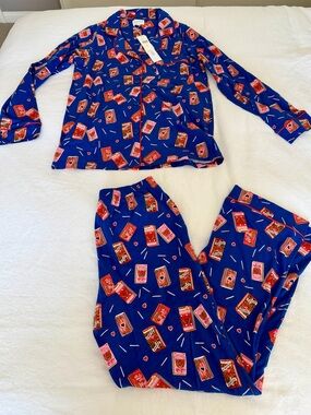 BedHead Bright Blue Pajama Set with Red & Pink Card Print